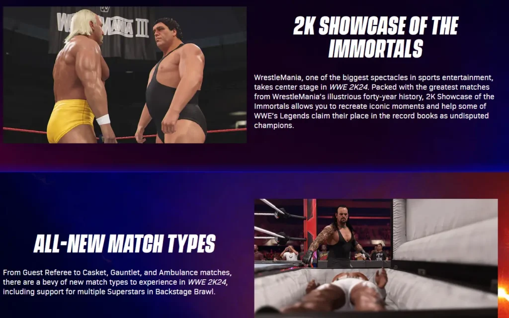 WWE 2k24 Game Modes features