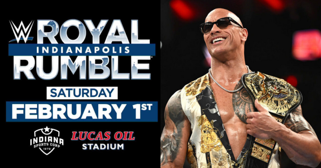 WWE Royal Rumble 2025 featuring surprise entrants like The Rock, Mick Foley, and Charlotte Flair, set to take place at Lucas Oil Stadium