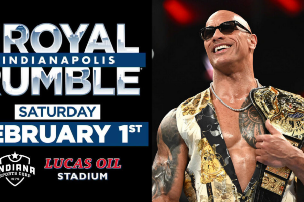 WWE Royal Rumble 2025 featuring surprise entrants like The Rock, Mick Foley, and Charlotte Flair, set to take place at Lucas Oil Stadium