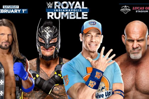 John Cena, Goldberg, AJ Styles, and Rey Mysterio competing in their final WWE Royal Rumble match in 2025