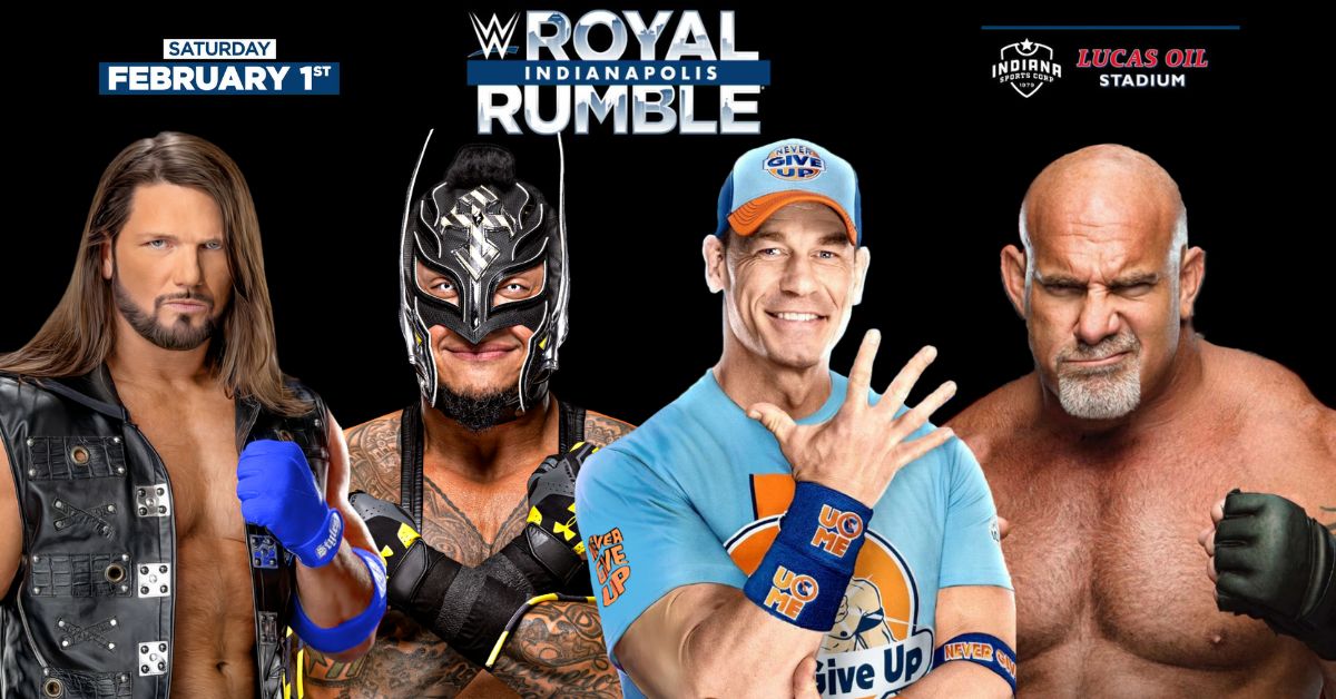 John Cena, Goldberg, AJ Styles, and Rey Mysterio competing in their final WWE Royal Rumble match in 2025