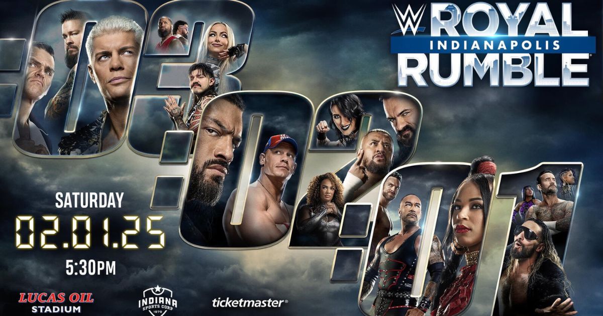 WWE Royal Rumble 2025 official match card featuring Cody Rhodes, Kevin Owens, and Royal Rumble participants.