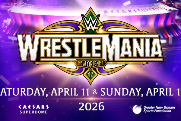 "Infographic showing WrestleMania 42 ticket options, including Priority Pass packages, with the Caesars Superdome in the background.