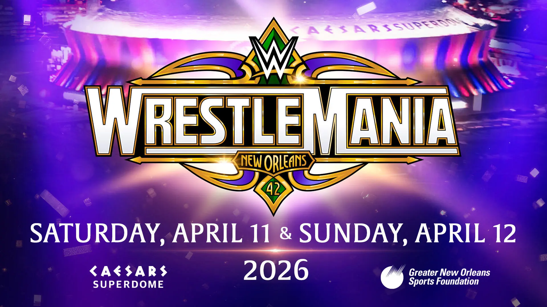 "Infographic showing WrestleMania 42 ticket options, including Priority Pass packages, with the Caesars Superdome in the background.