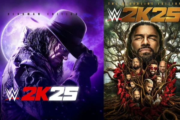 A promotional image of WWE 2K25 featuring top Superstars like Roman Reigns, Seth Rollins, Becky Lynch, and The Undertaker, highlighting the largest roster in WWE game history