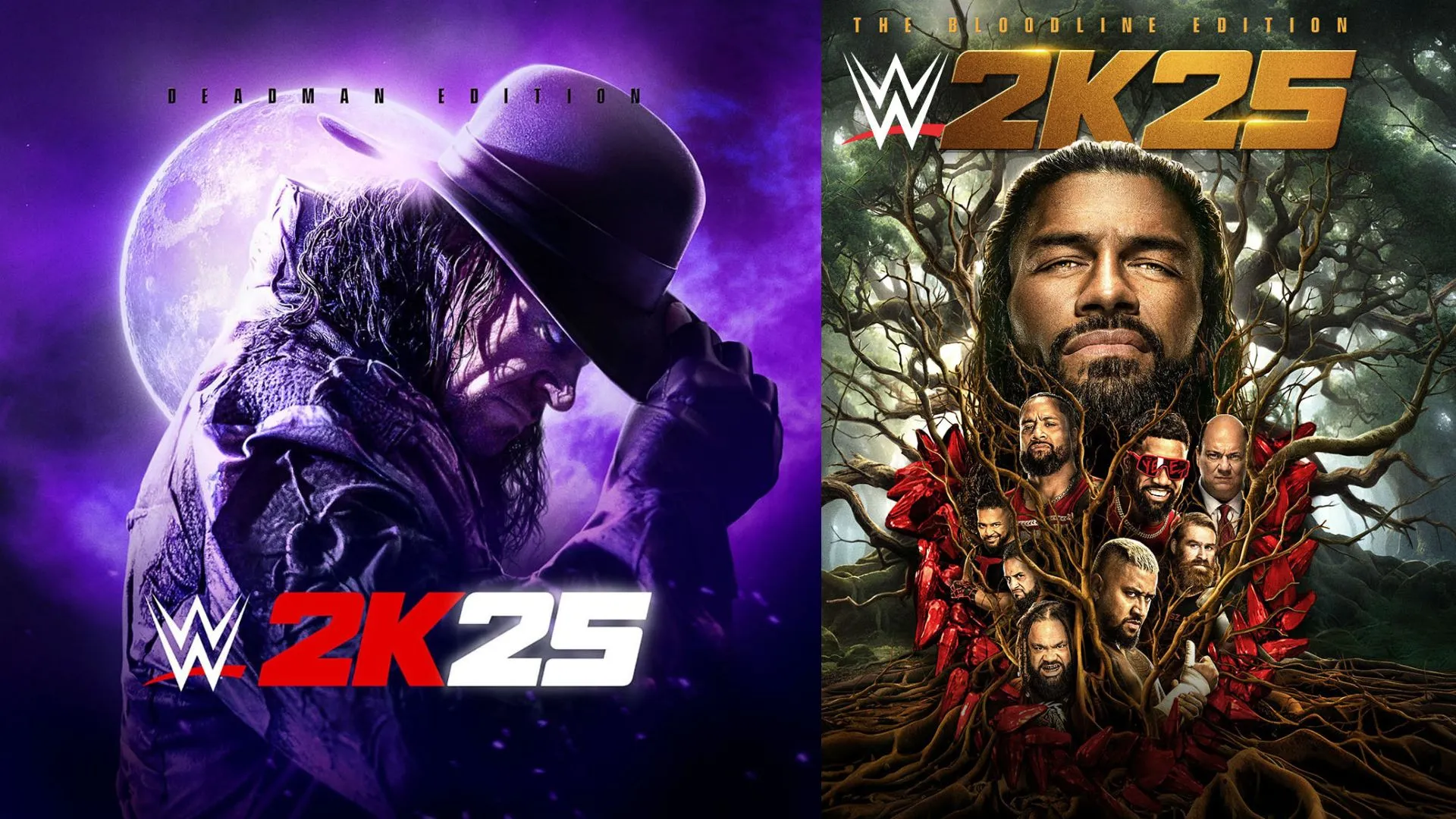 A promotional image of WWE 2K25 featuring top Superstars like Roman Reigns, Seth Rollins, Becky Lynch, and The Undertaker, highlighting the largest roster in WWE game history