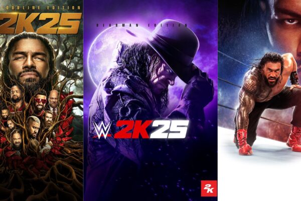 WWE 2K25 video game cover starring The Undertake, The Bloodline, Roman Reigns holding the WWE Championship