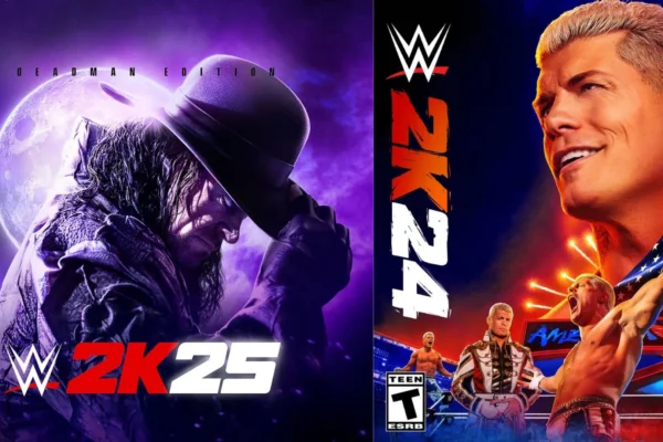 WWE 2K25 vs WWE 2K24 Graphics and Roster Comparison ide-by-side comparison of WWE 2K25 and WWE 2K24 showcasing improved graphics and superstar models.