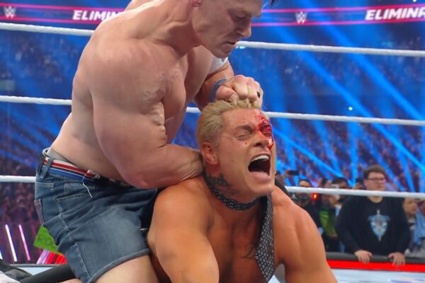 John Cena attacks Cody Rhodes during his heel turn at WWE Elimination Chamber 2025