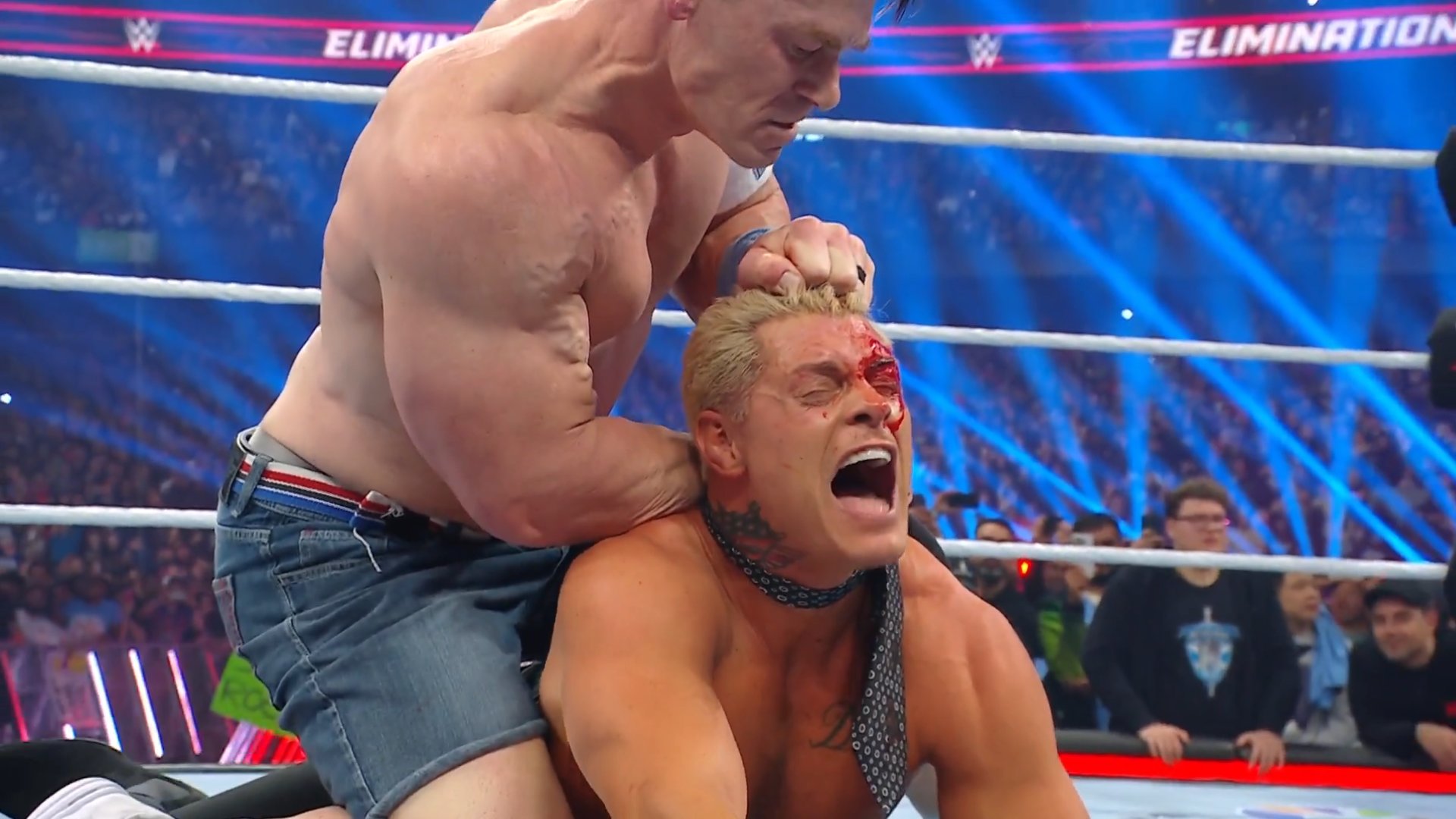 John Cena attacks Cody Rhodes during his heel turn at WWE Elimination Chamber 2025