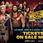 Image shows the Wrestlemania 41 logo date time with wwe superstars Cody Rhodes, Roman Reigns, Rhea Ripley, Gunther, CM Punk and many more
