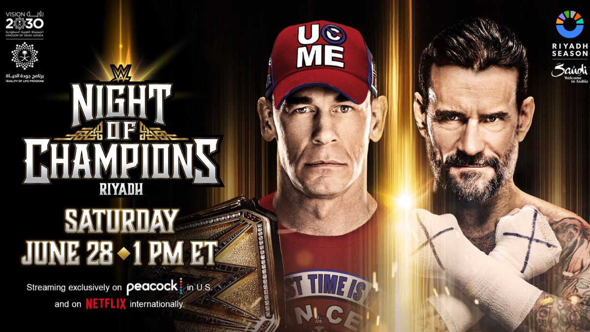 WE Night of Champions 2025 poster with John Cena and CM Punk in Riyadh, Saudi Arabia