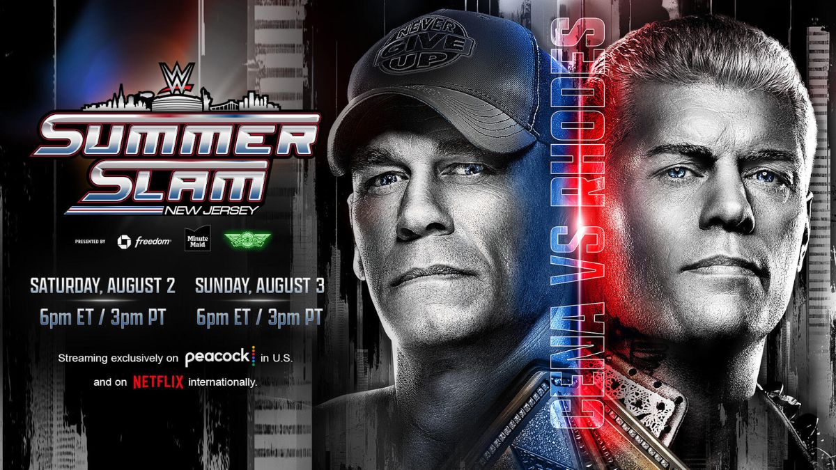 WWE SummerSlam 2025 match card poster featuring John Cena vs Cody Rhodes