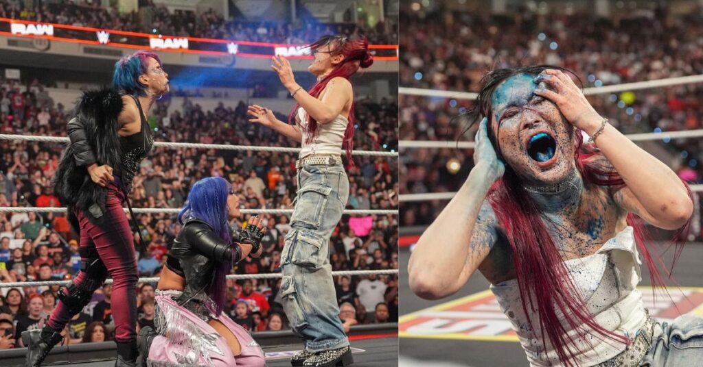 Close-up of Iyo Sky in shock after being sprayed with poison mist by Asuka, with tears running down her face during WWE Raw.
