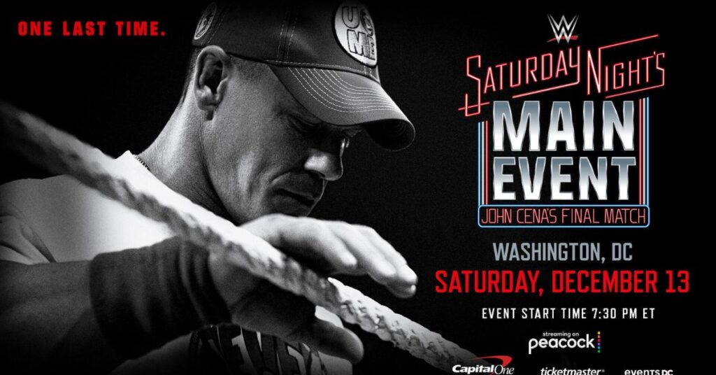 John Cena in WWE ring during farewell tour 2025, final match on December 13 at Saturday Night’s Main Event”