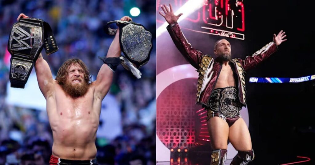 Daniel Bryan in WWE holding WWE Championship versus Bryan Danielson holding AEW Champion