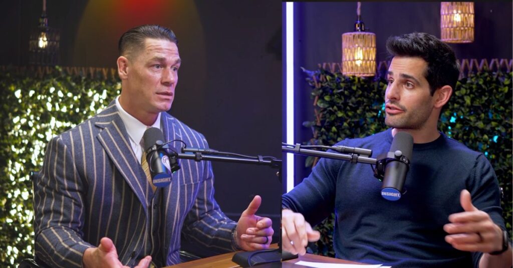 John Cena sitting with Chris Van Vliet during a candid interview about his retirement and final WWE match.