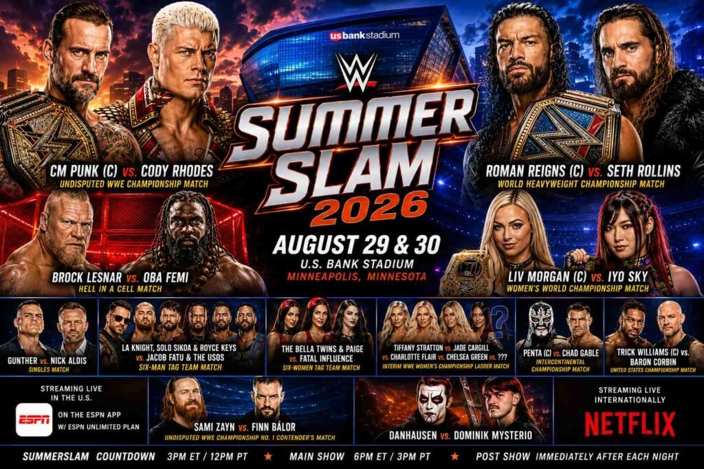 WWE SummerSlam 2026 official match card featuring CM Punk vs Cody Rhodes, Roman Reigns vs Seth Rollins, Brock Lesnar vs Oba Femi, Liv Morgan vs IYO SKY, Gunther vs Nick Aldis, and other confirmed WWE matches.