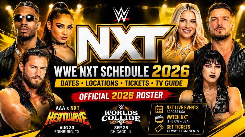 WWE NXT Schedule 2026 featuring the official NXT roster, confirmed event dates, venues, Heatwave, Worlds Collide, tickets, and TV guide.