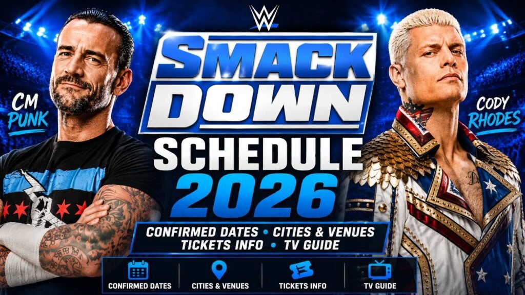 WWE SmackDown Schedule 2026 featuring CM Punk and Cody Rhodes with confirmed dates, cities, venues, ticket information, and TV guide.