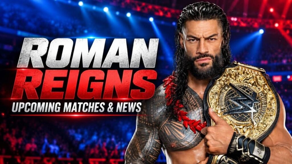 Roman Reigns holding a championship belt in a dramatic WWE arena graphic for upcoming matches and news