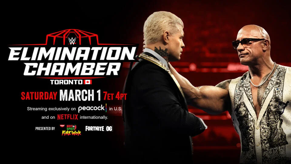 Composite image of the Elimination Chamber structure with Cody Rhodes and The Rock, set against the Toronto skyline