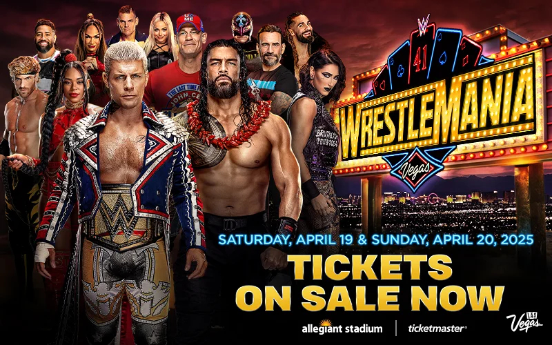 Image shows the Wrestlemania 41 logo date time with wwe superstars Cody Rhodes, Roman Reigns, Rhea Ripley, Gunther, CM Punk and many more