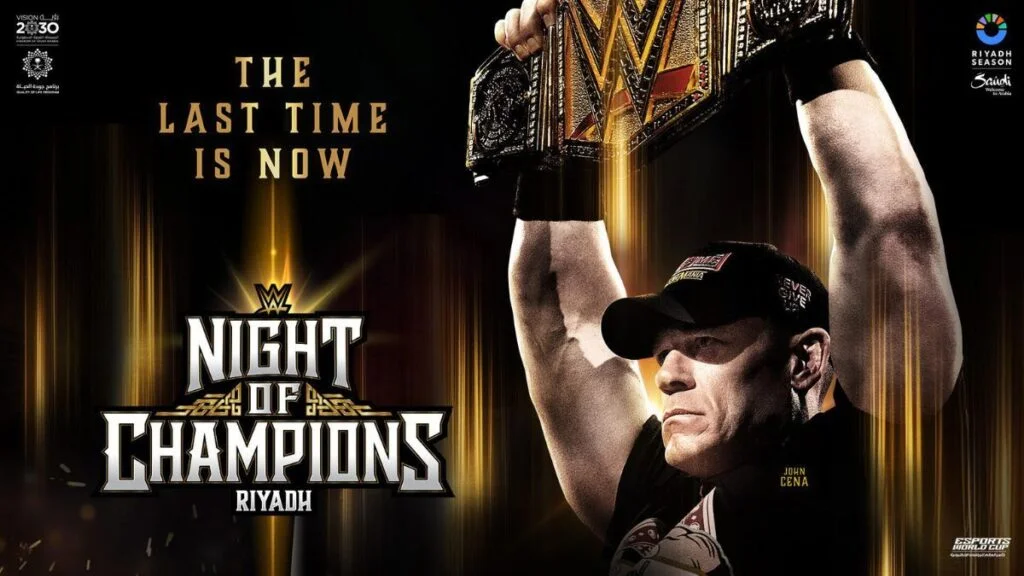 Official WWE Night of Champions 2025 poster featuring John Cena and in Kingdom Arena, Riyadh, Saudi Arabia