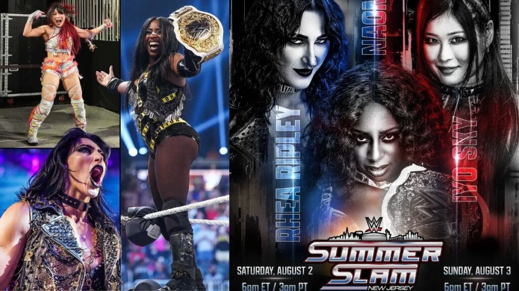Naomi, IYO SKY, and Rhea Ripley face off in a Triple Threat Match for the WWE Women’s World Championship at SummerSlam 2025