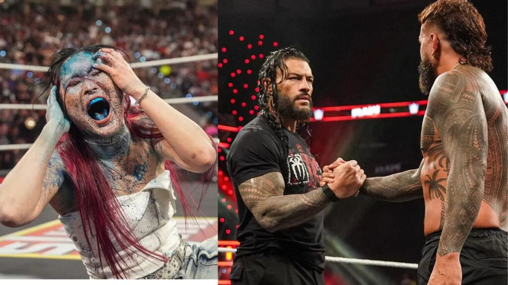Roman Reigns storms the ring during his WWE Raw return, as Iyo Sky is blinded by Asuka’s poison mist in a shocking moment.