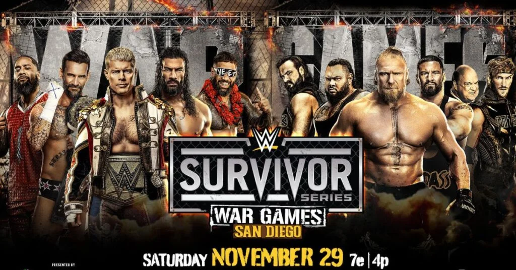 Official WWE Survivor Series WarGames 2025 poster featuring CM Punk, Roman Reigns, Becky Lynch and Petco Park stadium.