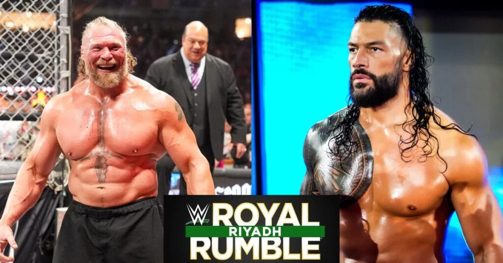 Royal Rumble 2026 in Riyadh with WWE superstars include Brock Lesnar , Roman Reigns , and Paul Heyman with Royal Rumble 2026 Logo