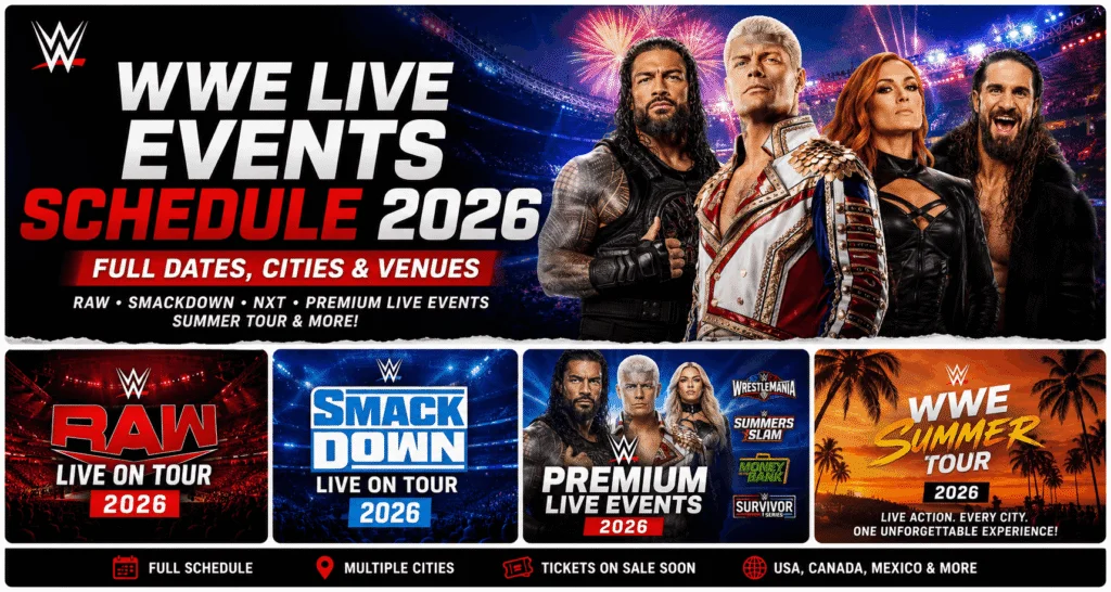 WWE Live Events Schedule 2026 featuring RAW, SmackDown, SummerSlam, Money in the Bank, Survivor Series, NXT Live, and WWE Summer Tour across the United States, Canada, and Mexico.